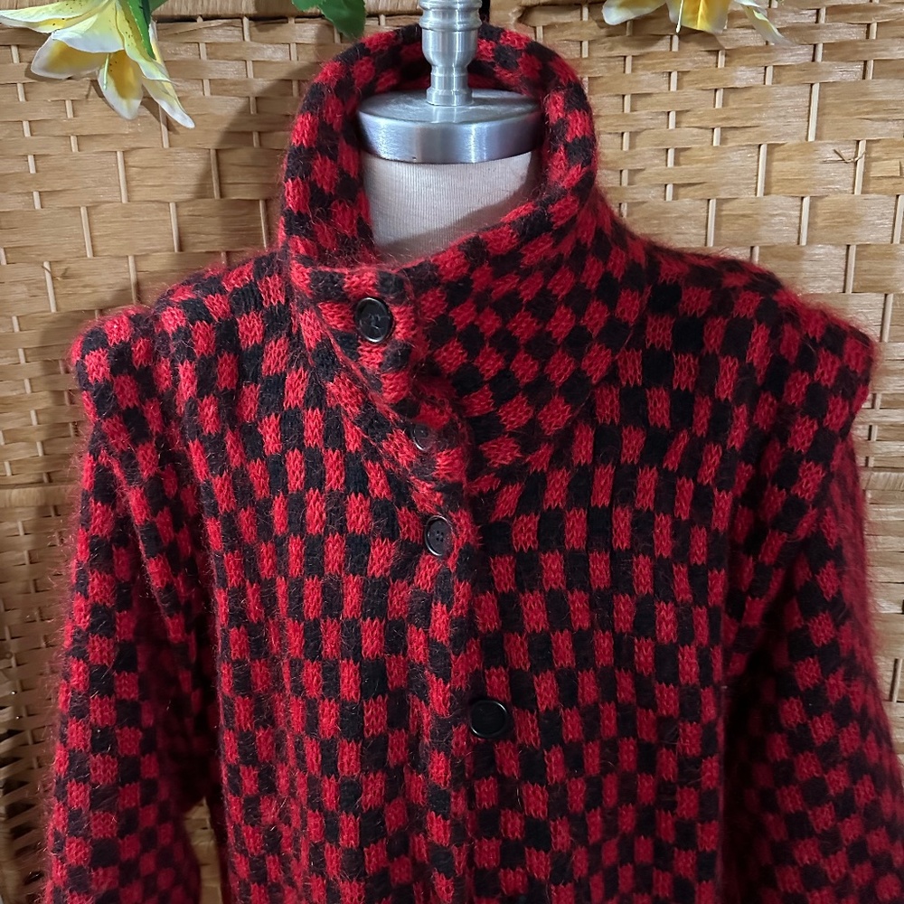 Vintage Red and Black Wool Mohair Checkerboard Sweater Coat
